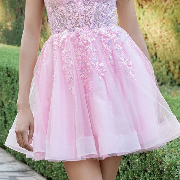 New Blush Lace Embellished Mini Homecoming Tulle Dress w/ Deep V-Neckline JT987N - Picture 5 of 8